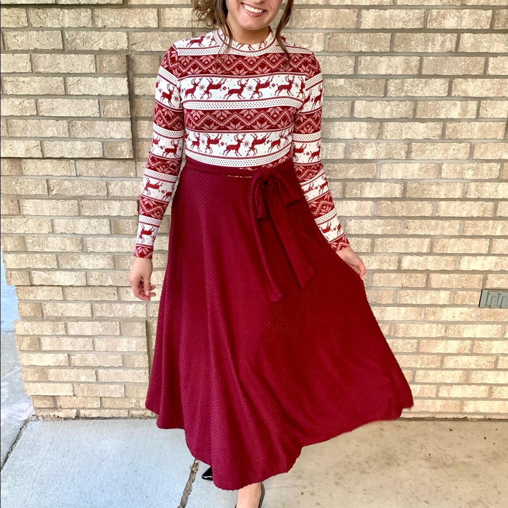 Holiday burgundy reindeer sweater maxi dress